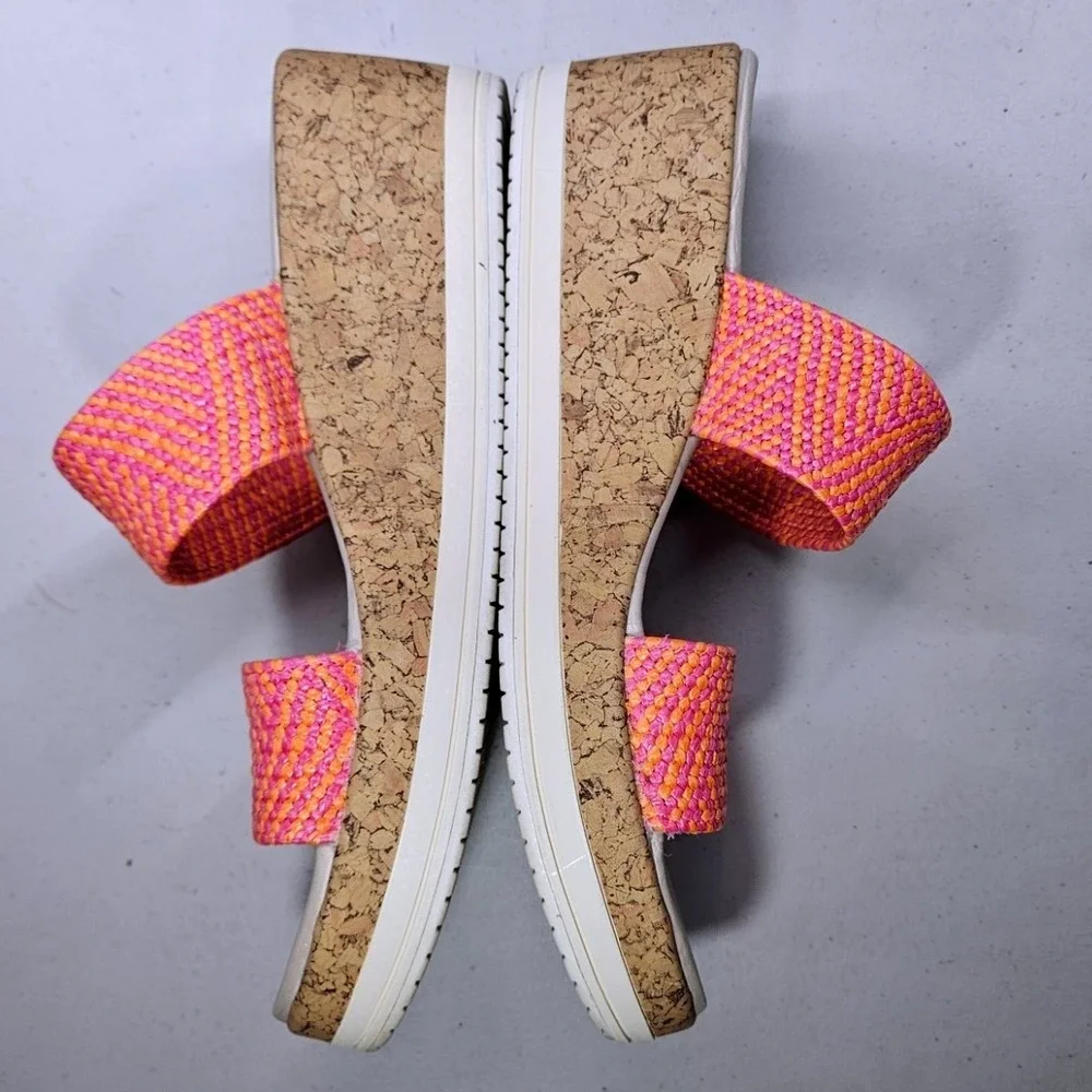 Bzees Sz 9 Double Strap Cork Wedge Sandals Red Orange Stretch Woven Comfort #374